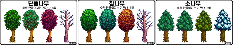 나무 종류: 단풍나무 · 참나무 · 소나무 (계절마다 모습)